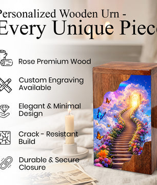 Heavenly Garden Wooden Cremation Urn – Personalized Memorial Urn for Human Ashes | Stairway to Heaven Memorial Urn