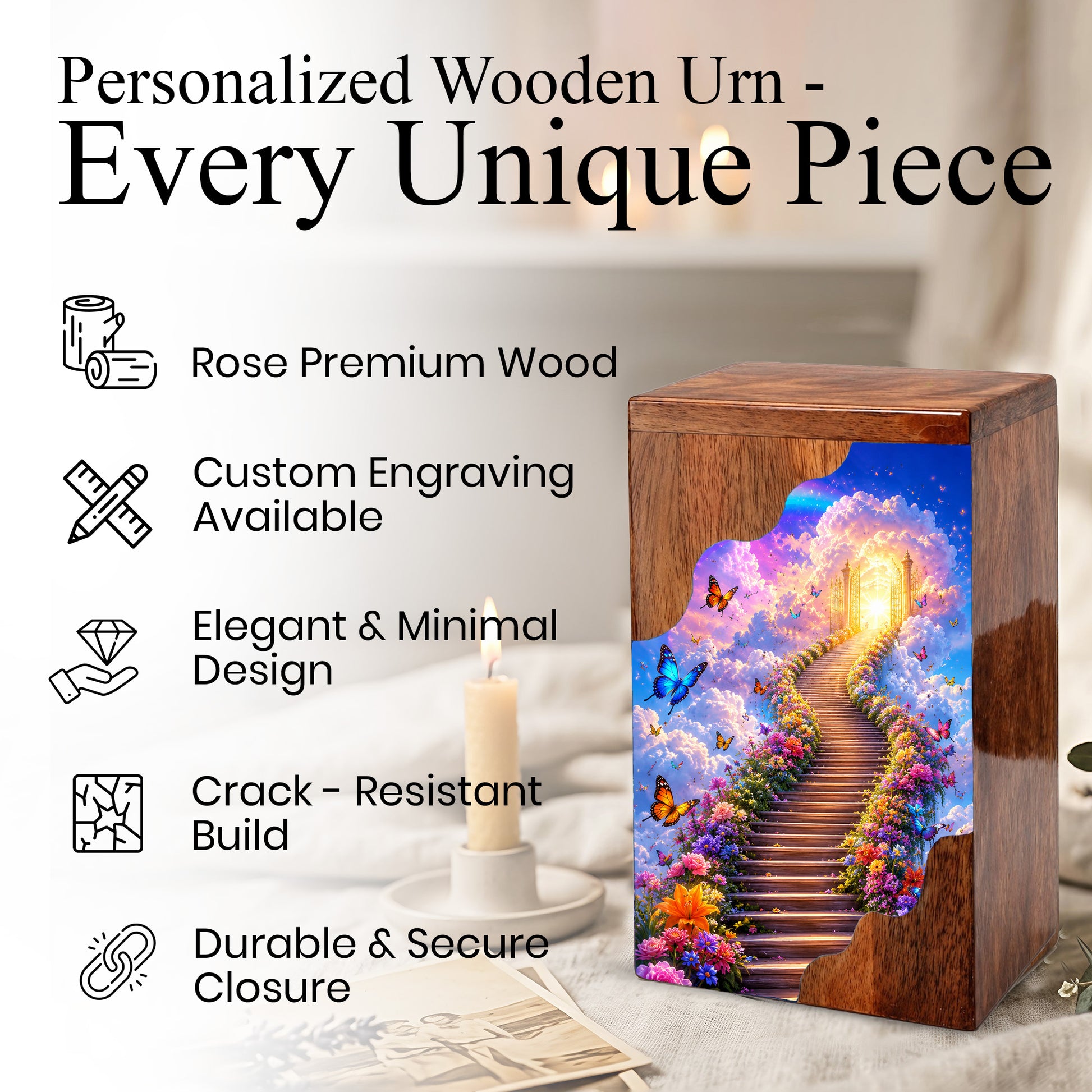 Heavenly Garden Wooden Cremation Urn – Personalized Memorial Urn for Human Ashes | Stairway to Heaven Memorial Urn