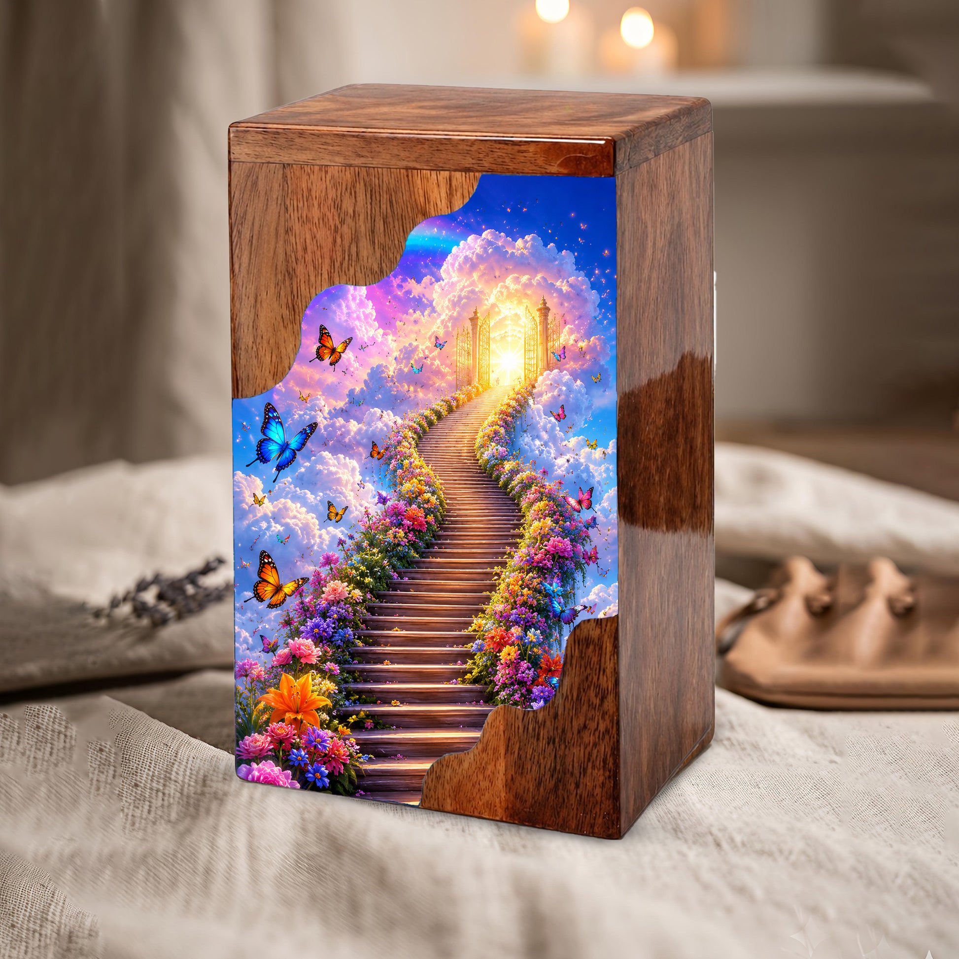 Heavenly Garden Wooden Cremation Urn – Personalized Memorial Urn for Human Ashes | Stairway to Heaven Memorial Urn