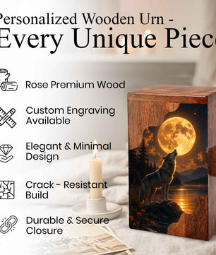 Wooden Cremation Urn for Human Ashes | Wolf Memorial Wooden Urn