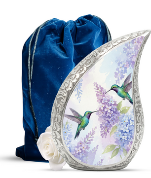 Personalized Hummingbird Cremation Urn – Custom Floral Memorial Urn for Ashes, Lavender Flower Teardrop Aluminum Adult Urn, 10 Inch