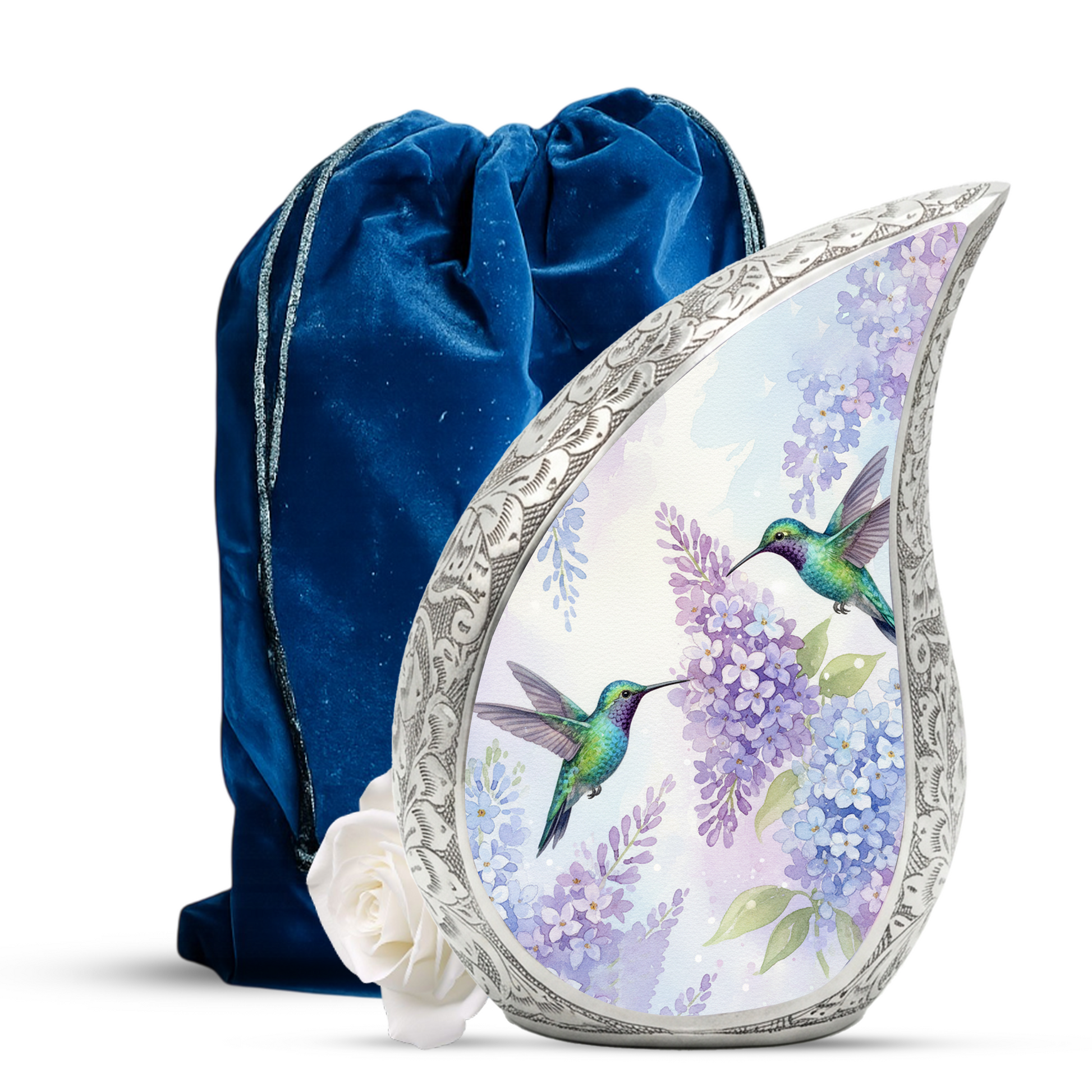 Personalized Hummingbird Cremation Urn – Custom Floral Memorial Urn for Ashes, Lavender Flower Teardrop Aluminum Adult Urn, 10 Inch