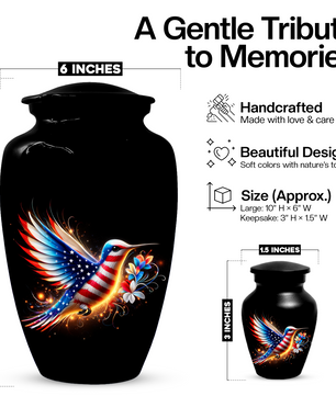 Patriotic Hummingbird Urn for Ashes, American Flag Memorial Urn