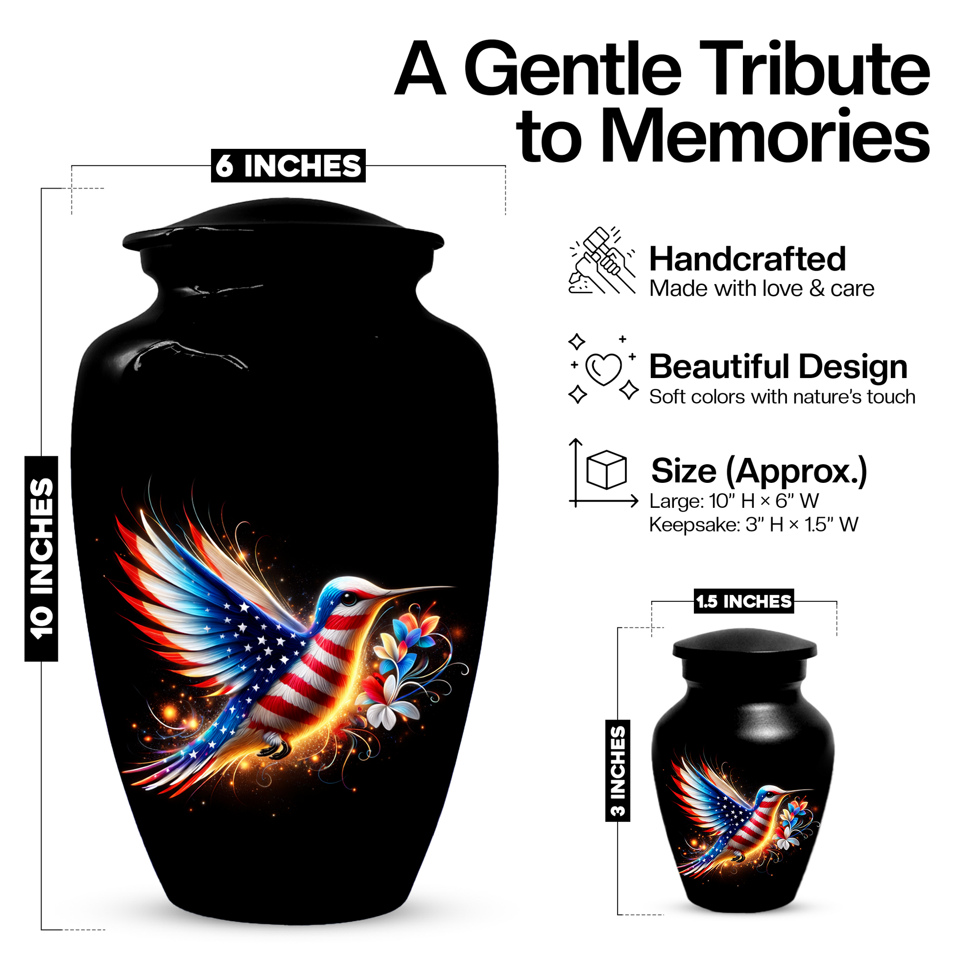Patriotic Hummingbird Urn for Ashes, American Flag Memorial Urn