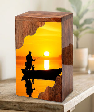 Golden Sunset Fishing Wooden Cremation Urn – Gone Fishing Memorial Wooden Urn for Human Ashes