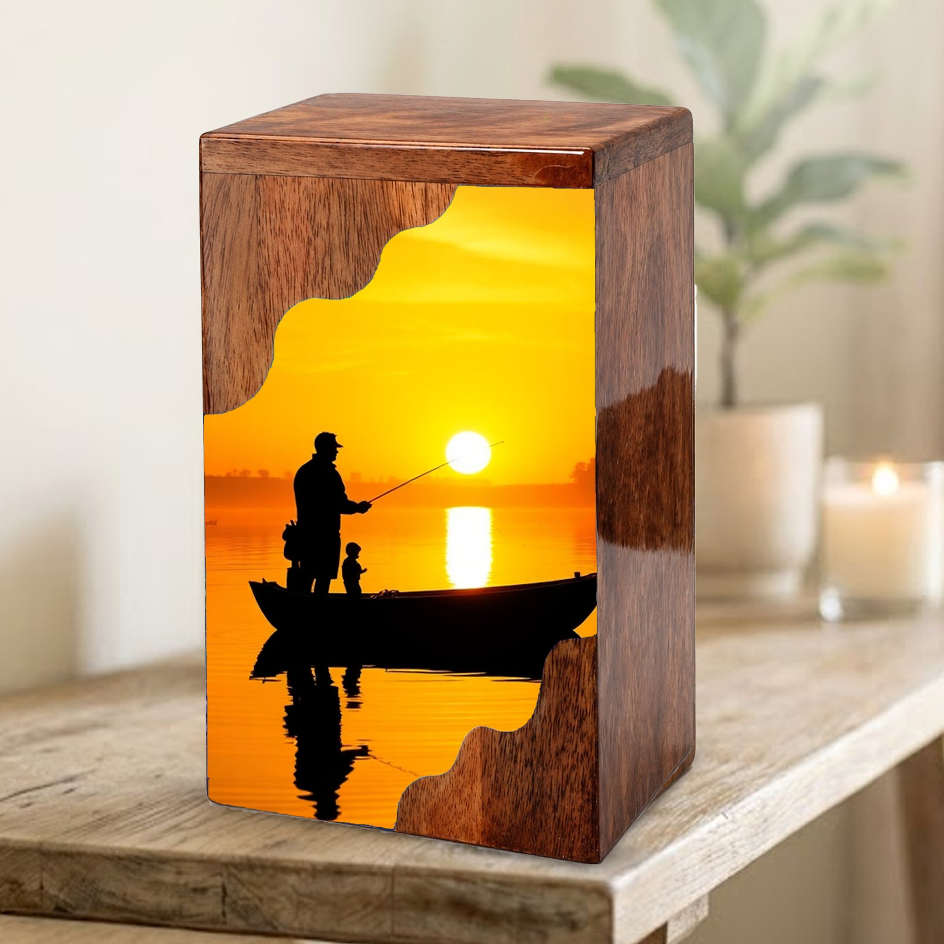 Golden Sunset Fishing Wooden Cremation Urn – Gone Fishing Memorial Wooden Urn for Human Ashes