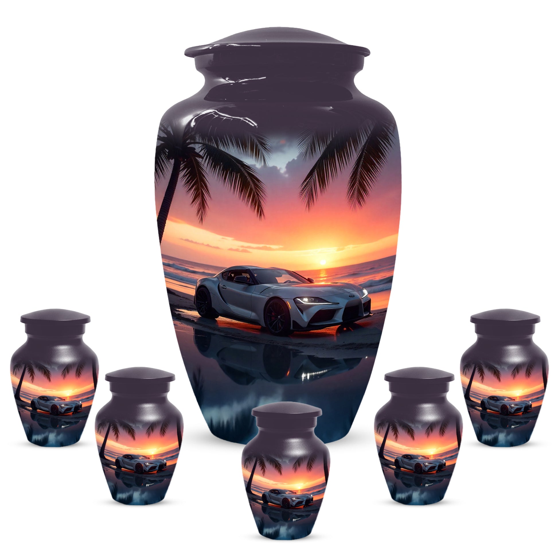 Beach Sunset Car Cremation Urn for Human Ashes | Adult Urn with Sports Car