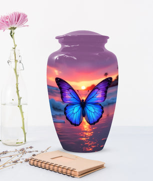 Blue Butterfly Sunset Urn for Human Ashes | Elegant Blue Butterfly Sunset Cremation Urn for Adult Memorial