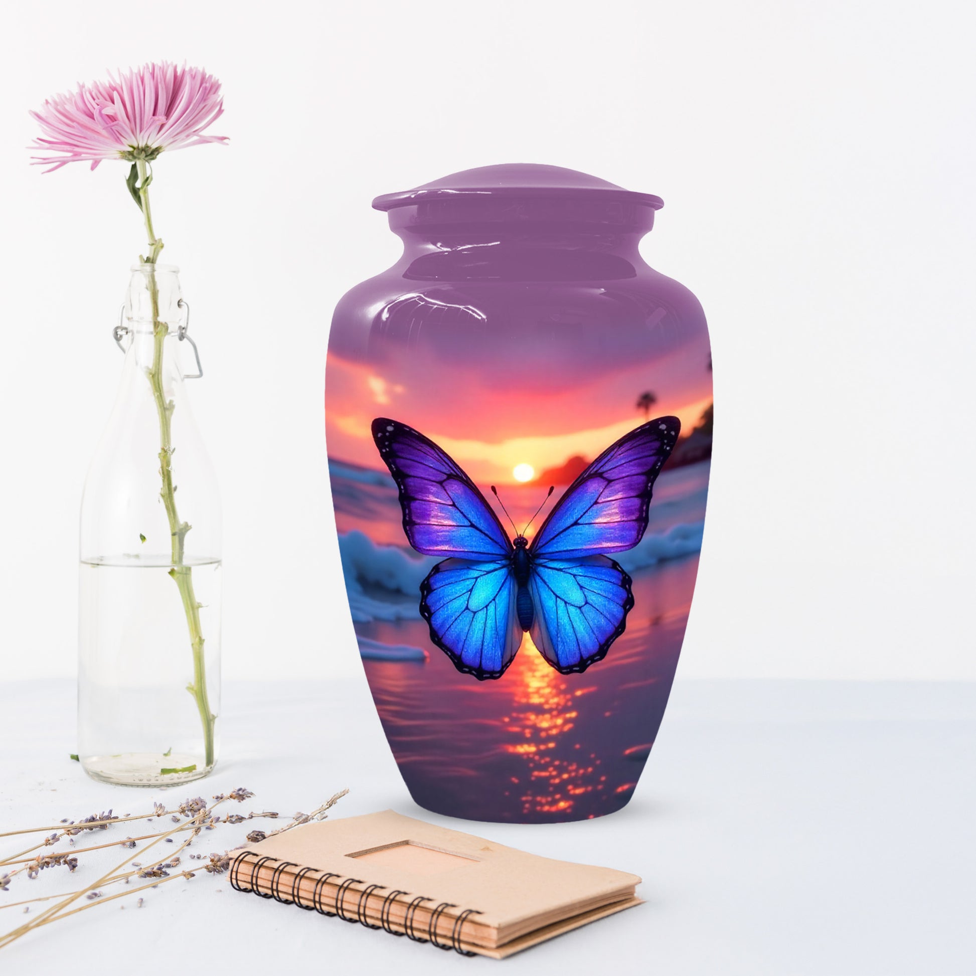 Blue Butterfly Sunset Urn for Human Ashes | Elegant Blue Butterfly Sunset Cremation Urn for Adult Memorial