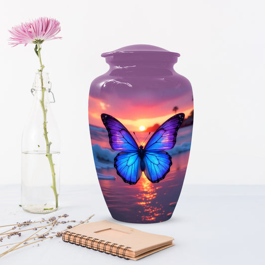 Blue Butterfly Sunset Urn for Human Ashes | Elegant Blue Butterfly Sunset Cremation Urn for Adult Memorial