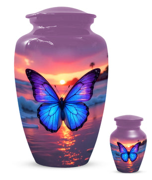 Blue Butterfly Sunset Urn for Human Ashes | Elegant Blue Butterfly Sunset Cremation Urn for Adult Memorial