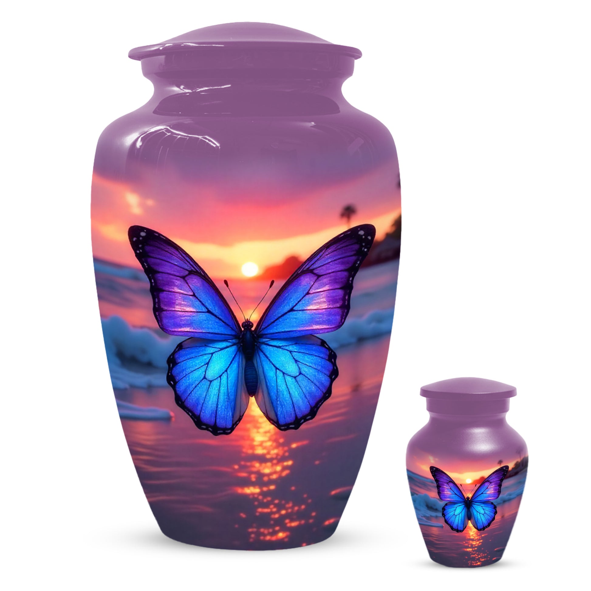 Blue Butterfly Sunset Urn for Human Ashes | Elegant Blue Butterfly Sunset Cremation Urn for Adult Memorial