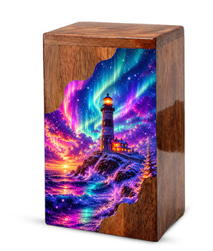 Lighthouse Wooden Cremation Urn – Northern Lights Memorial Urn for Human Ashes
