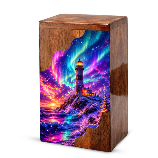 Lighthouse Wooden Cremation Urn – Northern Lights Memorial Urn for Human Ashes