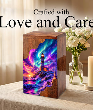 Lighthouse Wooden Cremation Urn – Northern Lights Memorial Urn for Human Ashes