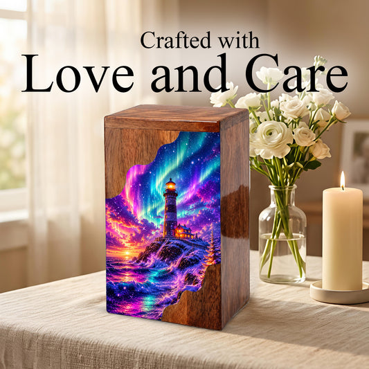 Lighthouse Wooden Cremation Urn – Northern Lights Memorial Urn for Human Ashes