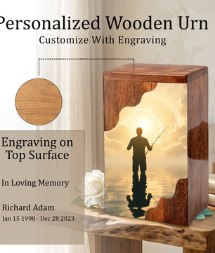 Fishing in Heaven Wooden Cremation Urn – Peaceful Lake Memorial Wooden Urn for Human Ashes
