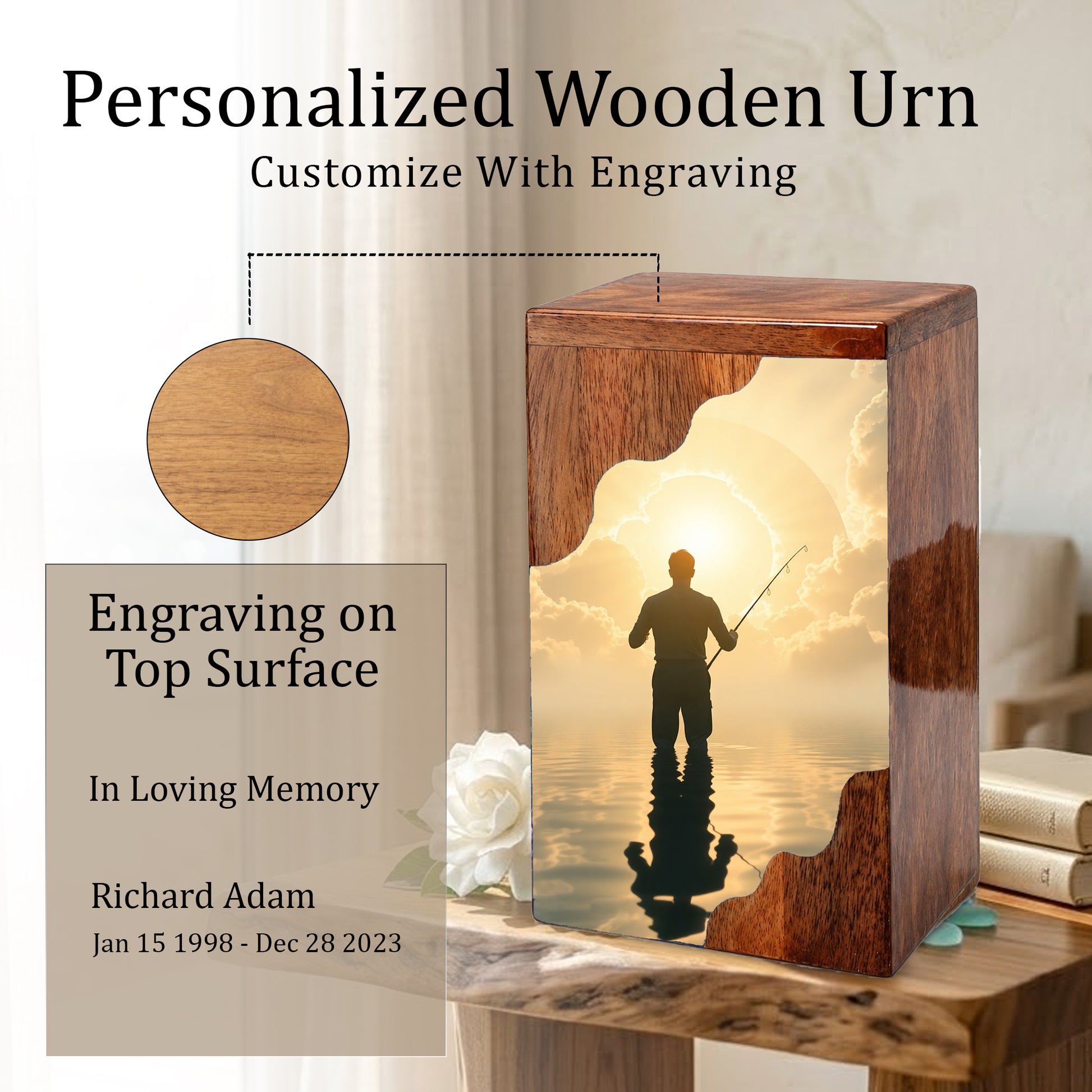 Fishing in Heaven Wooden Cremation Urn – Peaceful Lake Memorial Wooden Urn for Human Ashes