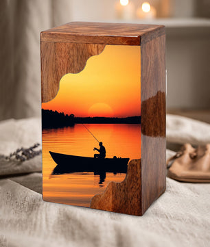 Sunset Lake Fishing Wooden Cremation Urn – Fishing in Heaven Memorial Wooden Urn for Human Ashes