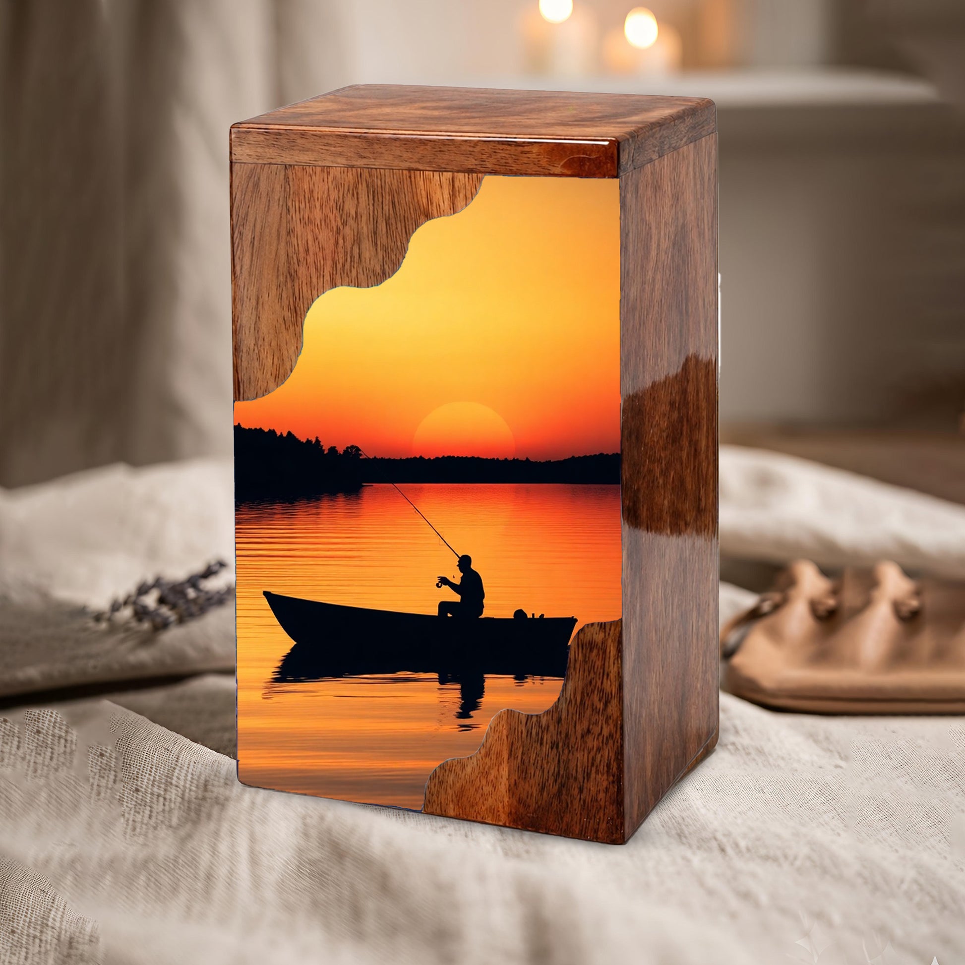 Sunset Lake Fishing Wooden Cremation Urn – Fishing in Heaven Memorial Wooden Urn for Human Ashes