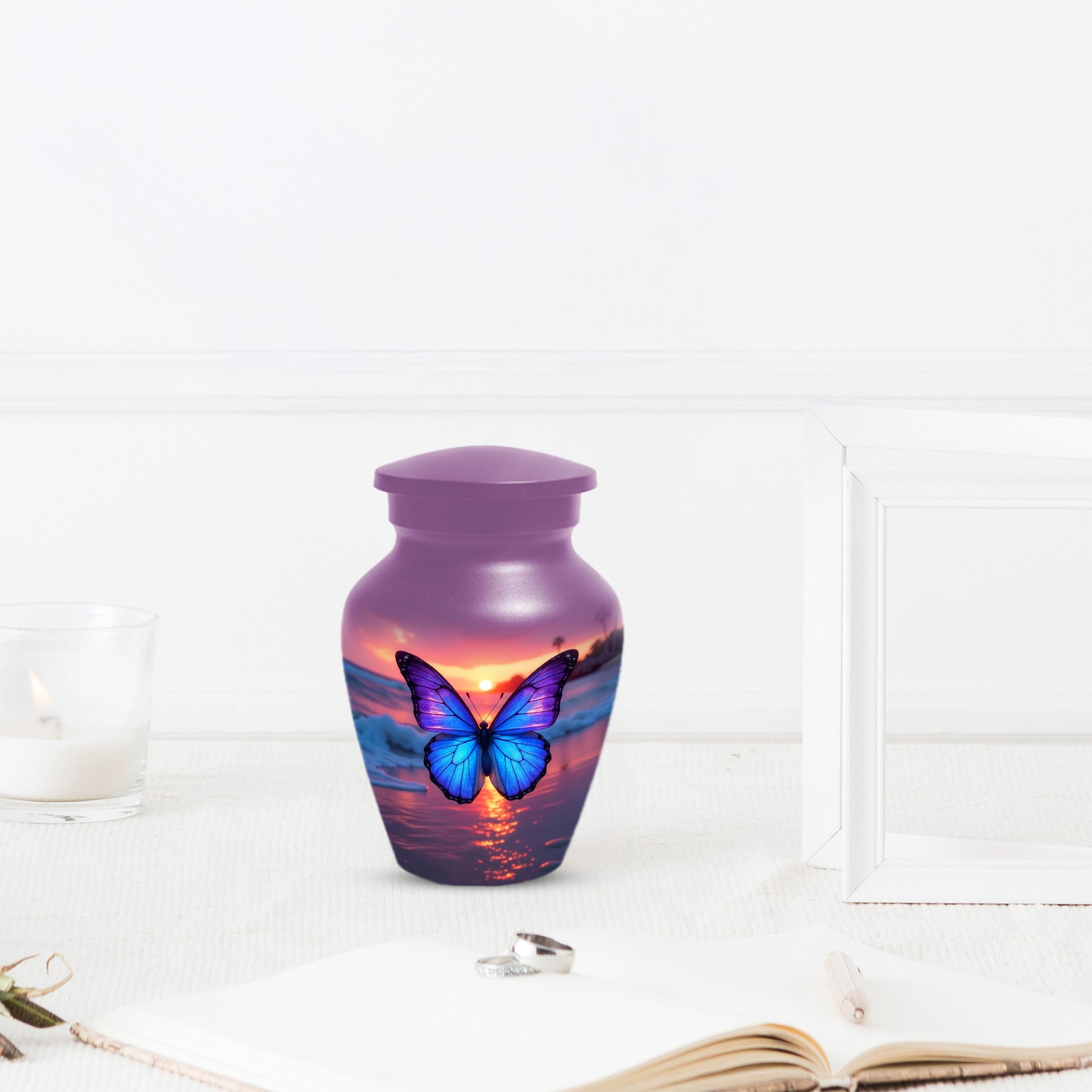 Blue Butterfly Sunset Urn for Human Ashes | Elegant Blue Butterfly Sunset Cremation Urn for Adult Memorial