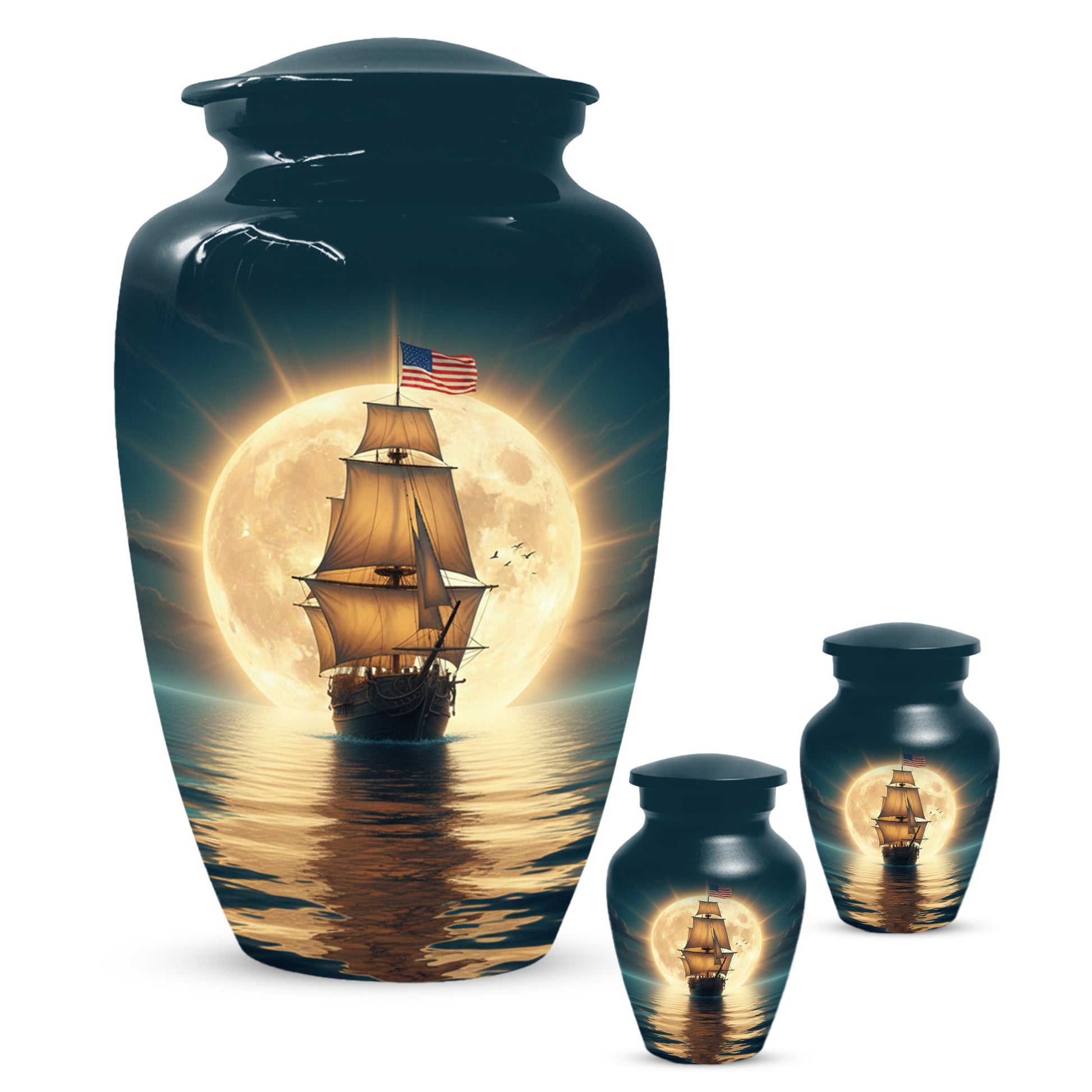 American Flag Sailing Ship Urn for Dad – Personalized Nautical Cremation Urns for Father