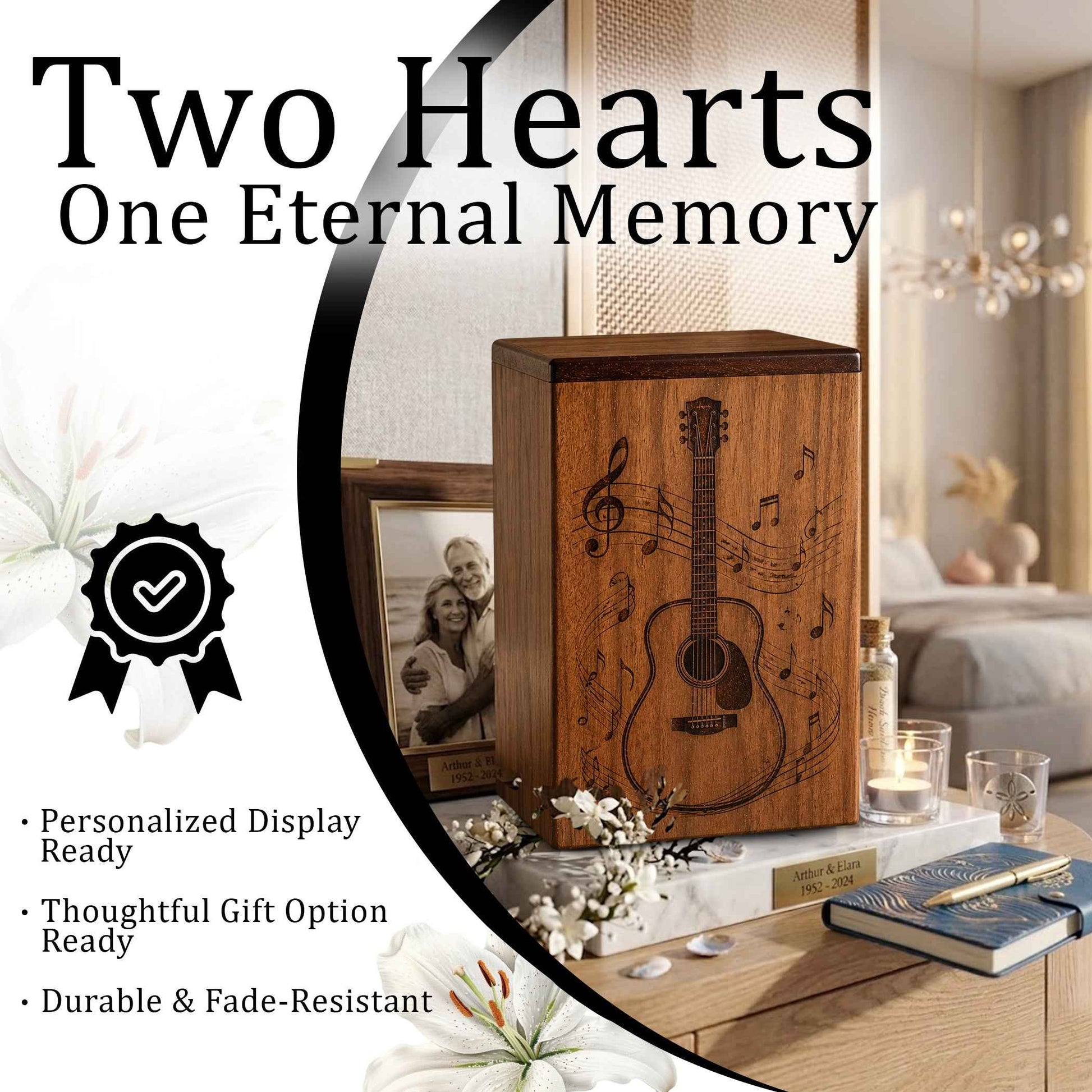 Guitar Music Urn For Human Ashes – Engraved Musician Wooden Urn Keepsake