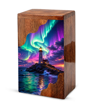 Aurora Lighthouse Wooden Cremation Urn – Northern Lights Memorial Urn for Human Ashes