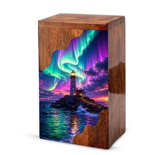 Aurora Lighthouse Wooden Cremation Urn – Northern Lights Memorial Urn for Human Ashes