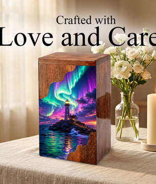Aurora Lighthouse Wooden Cremation Urn – Northern Lights Memorial Urn for Human Ashes