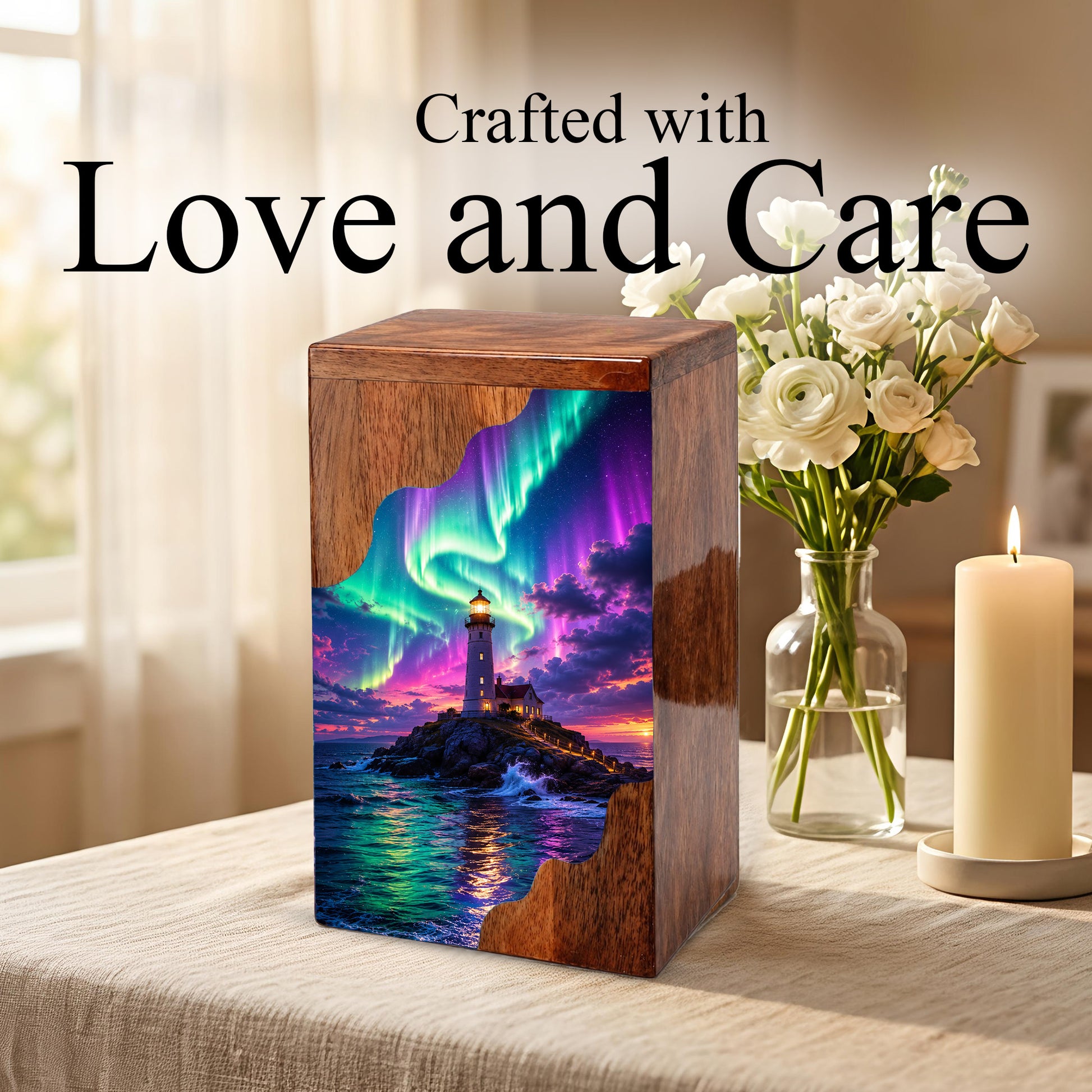 Aurora Lighthouse Wooden Cremation Urn – Northern Lights Memorial Urn for Human Ashes