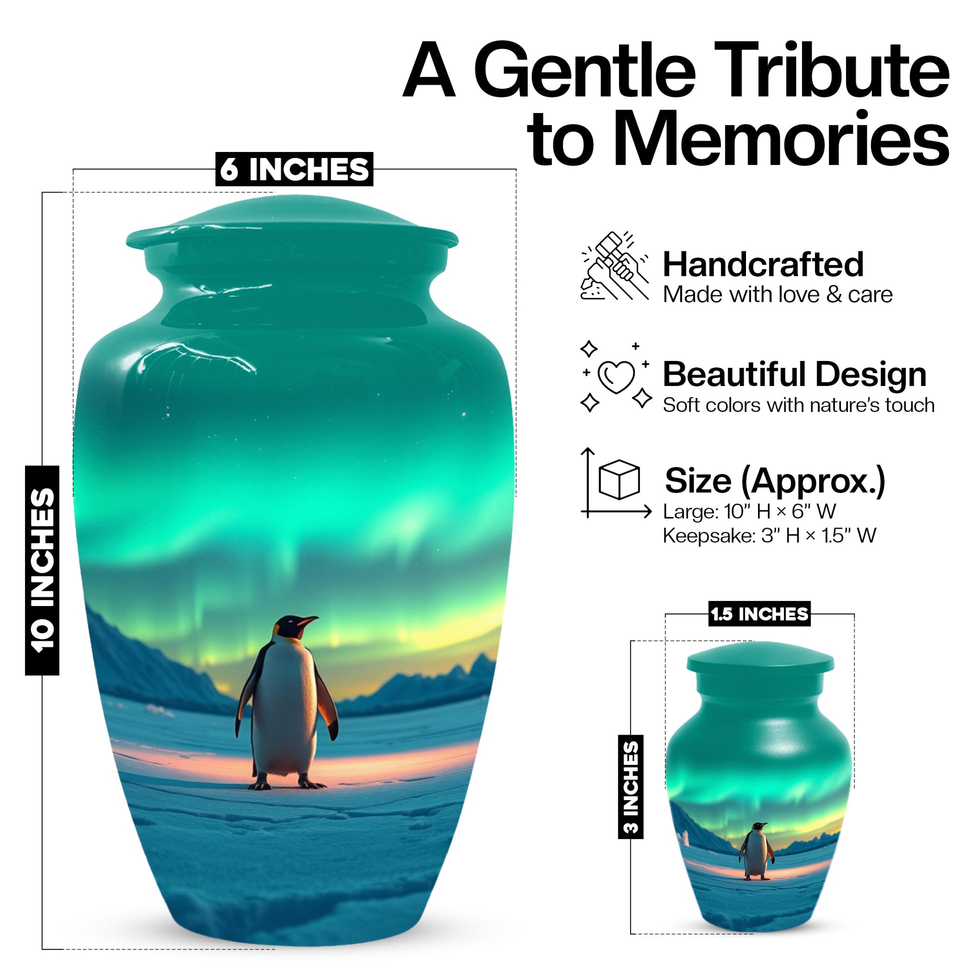 Northern Lights Penguin Urn for Mom – Personalized Penguin Cremation Urn for Ashes