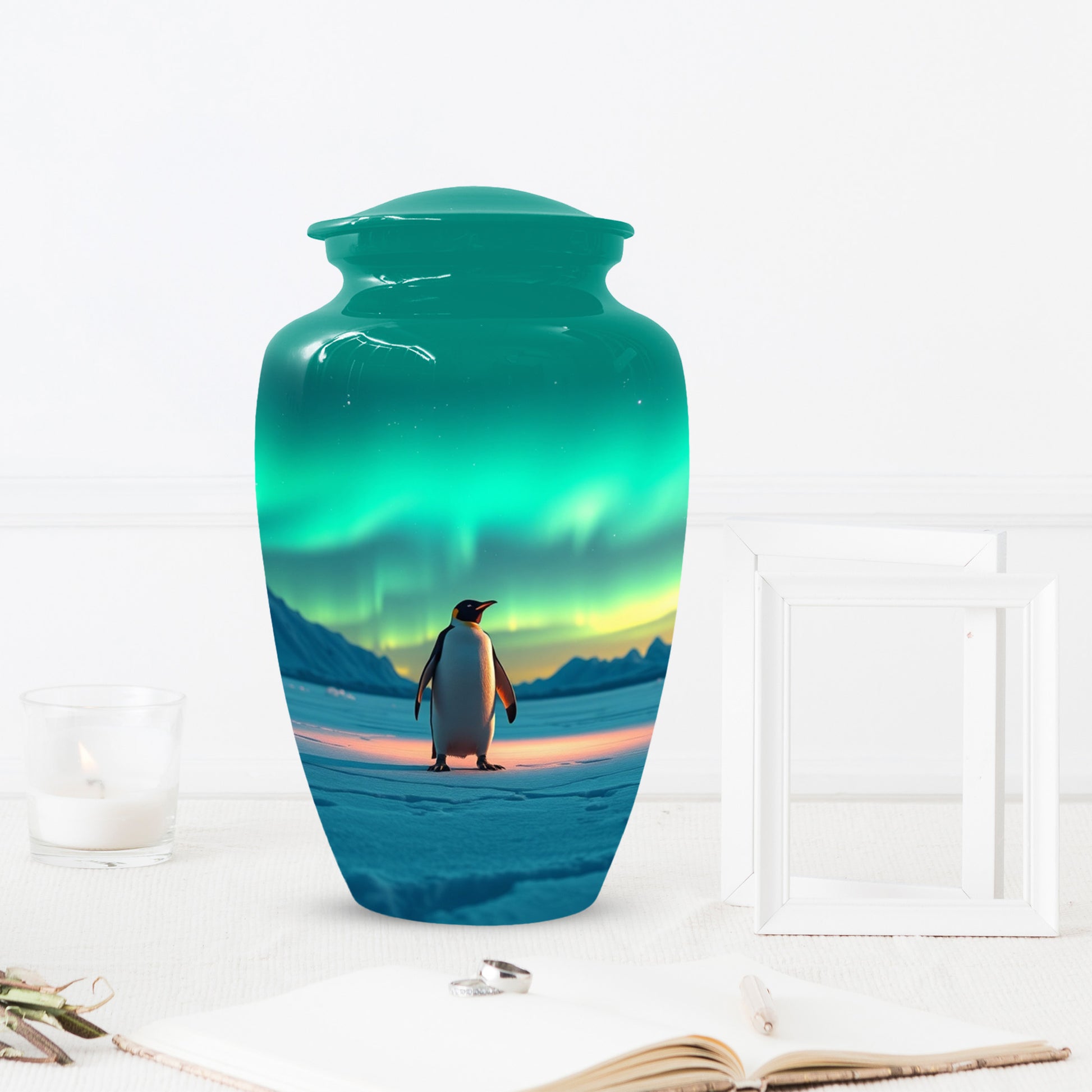 Northern Lights Penguin Urn for Mom – Personalized Penguin Cremation Urn for Ashes