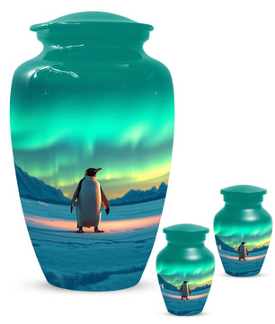 Northern Lights Penguin Urn for Mom – Personalized Penguin Cremation Urn for Ashes