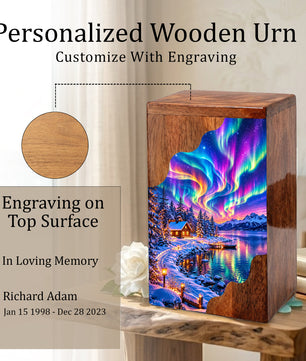 Northern Lights Wooden Cremation Urn – Aurora Borealis Winter Memorial Urn with Snowy Lake