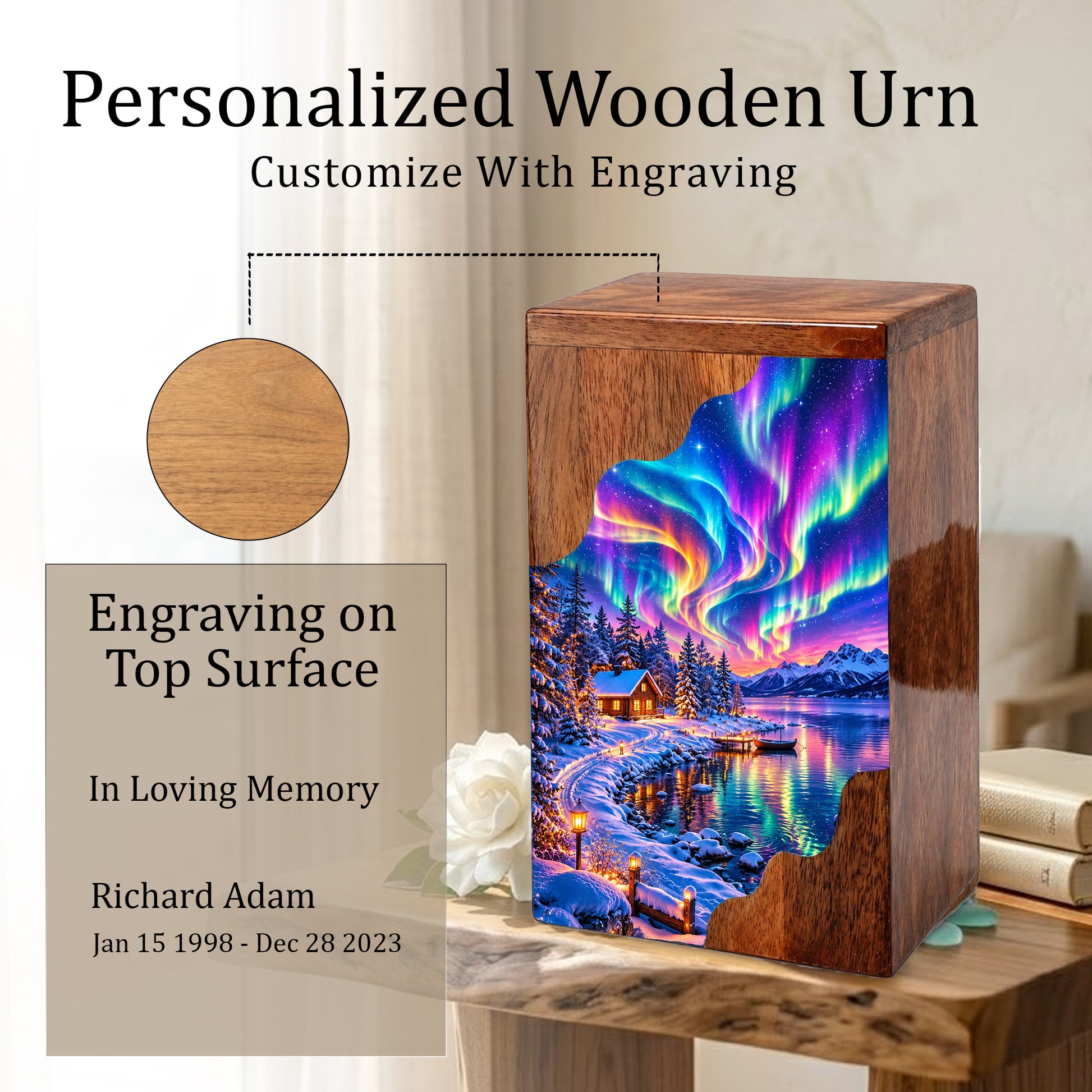 Northern Lights Wooden Cremation Urn – Aurora Borealis Winter Memorial Urn with Snowy Lake