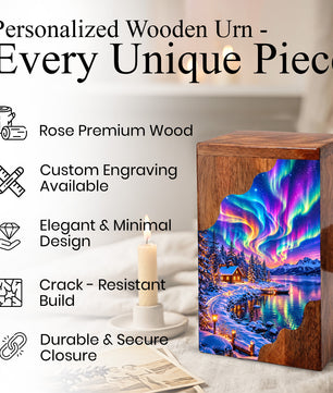 Northern Lights Wooden Cremation Urn – Aurora Borealis Winter Memorial Urn with Snowy Lake