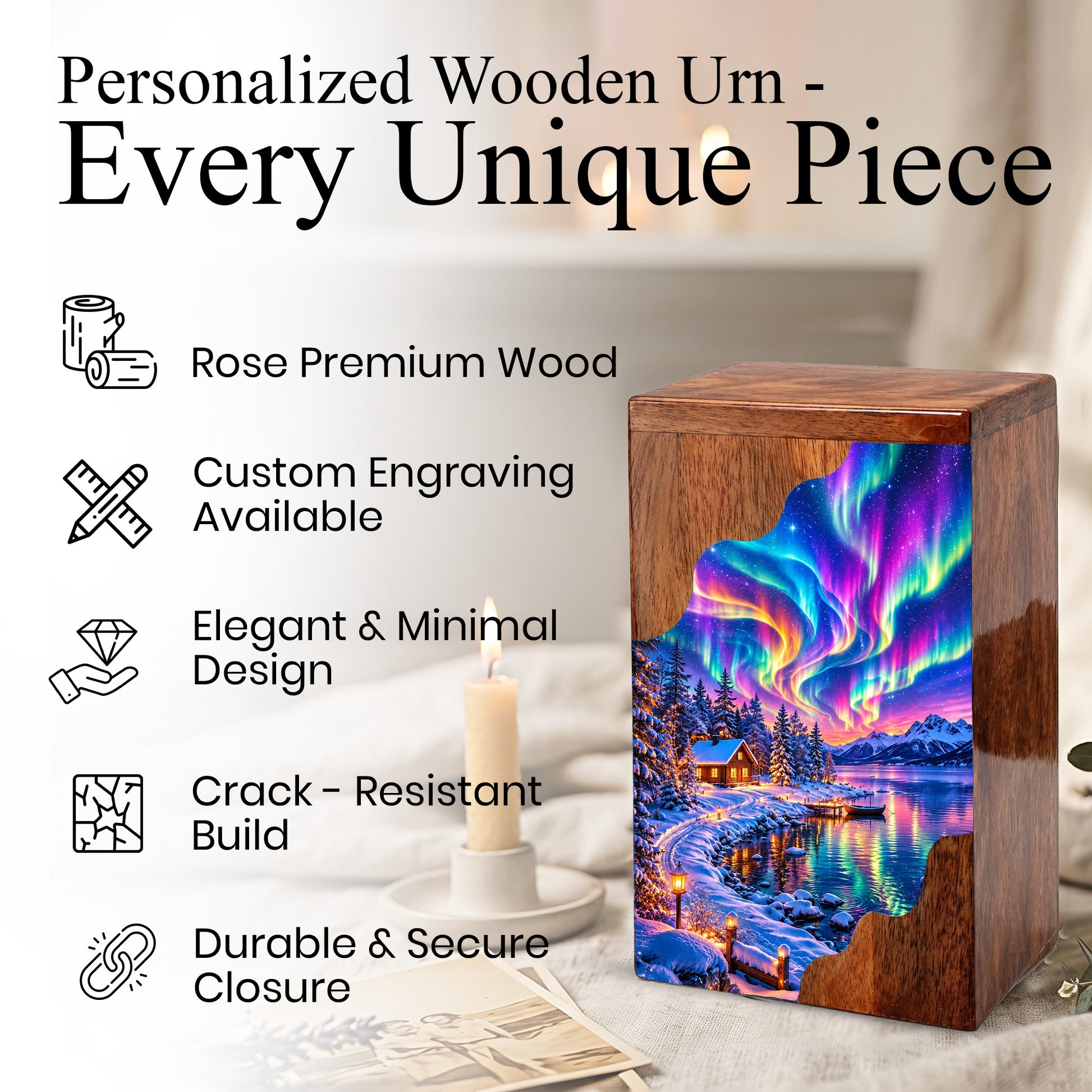 Northern Lights Wooden Cremation Urn – Aurora Borealis Winter Memorial Urn with Snowy Lake