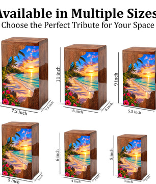 Tropical Beach Wooden Cremation Urn – Sunset Ocean Memorial Urn with Island Paradise Artwork