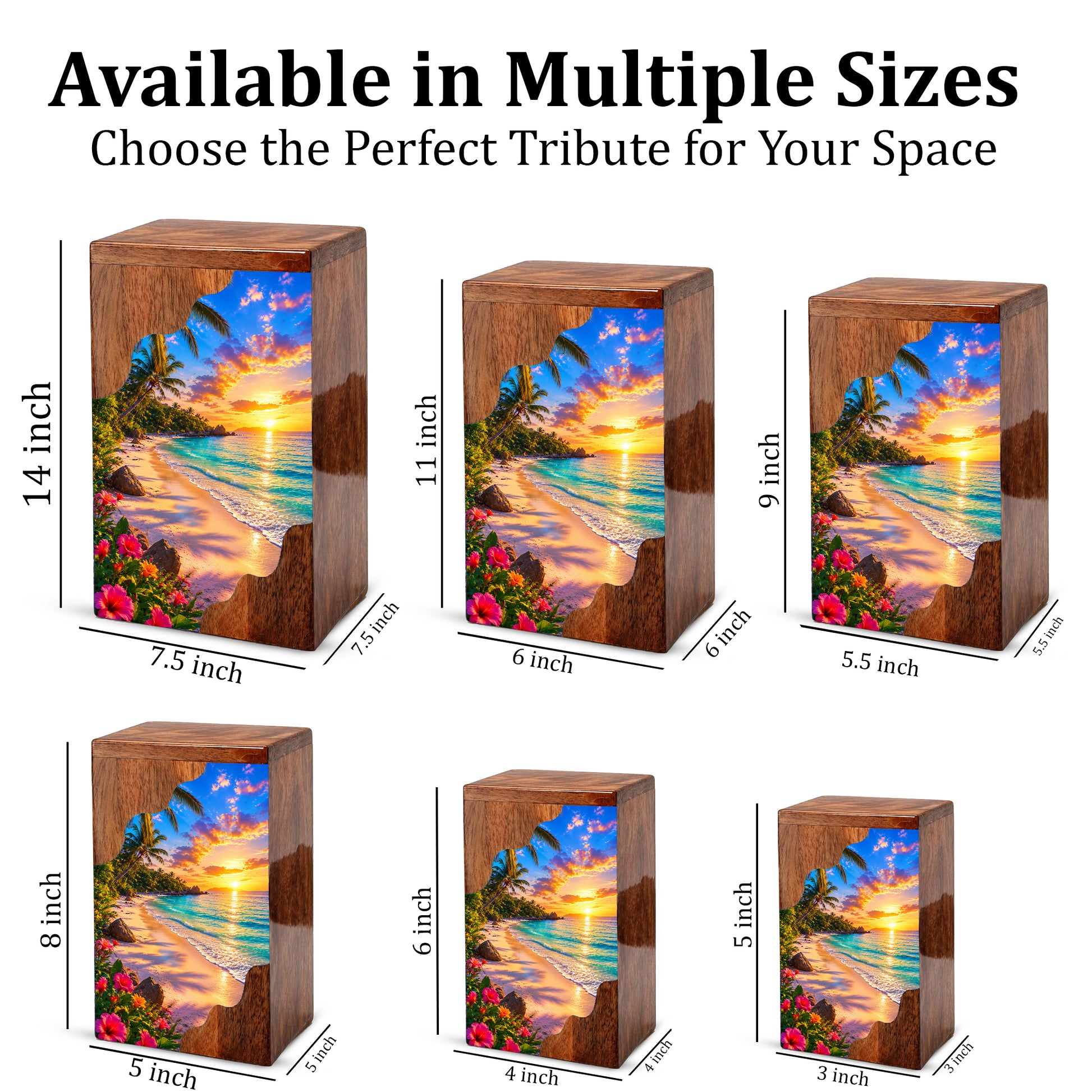 Tropical Beach Wooden Cremation Urn – Sunset Ocean Memorial Urn with Island Paradise Artwork
