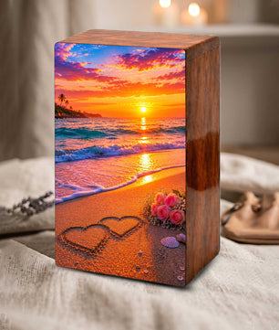 Wooden Beach Urn For Human Ashes – Ocean Heart Cremation Keepsake For Adults