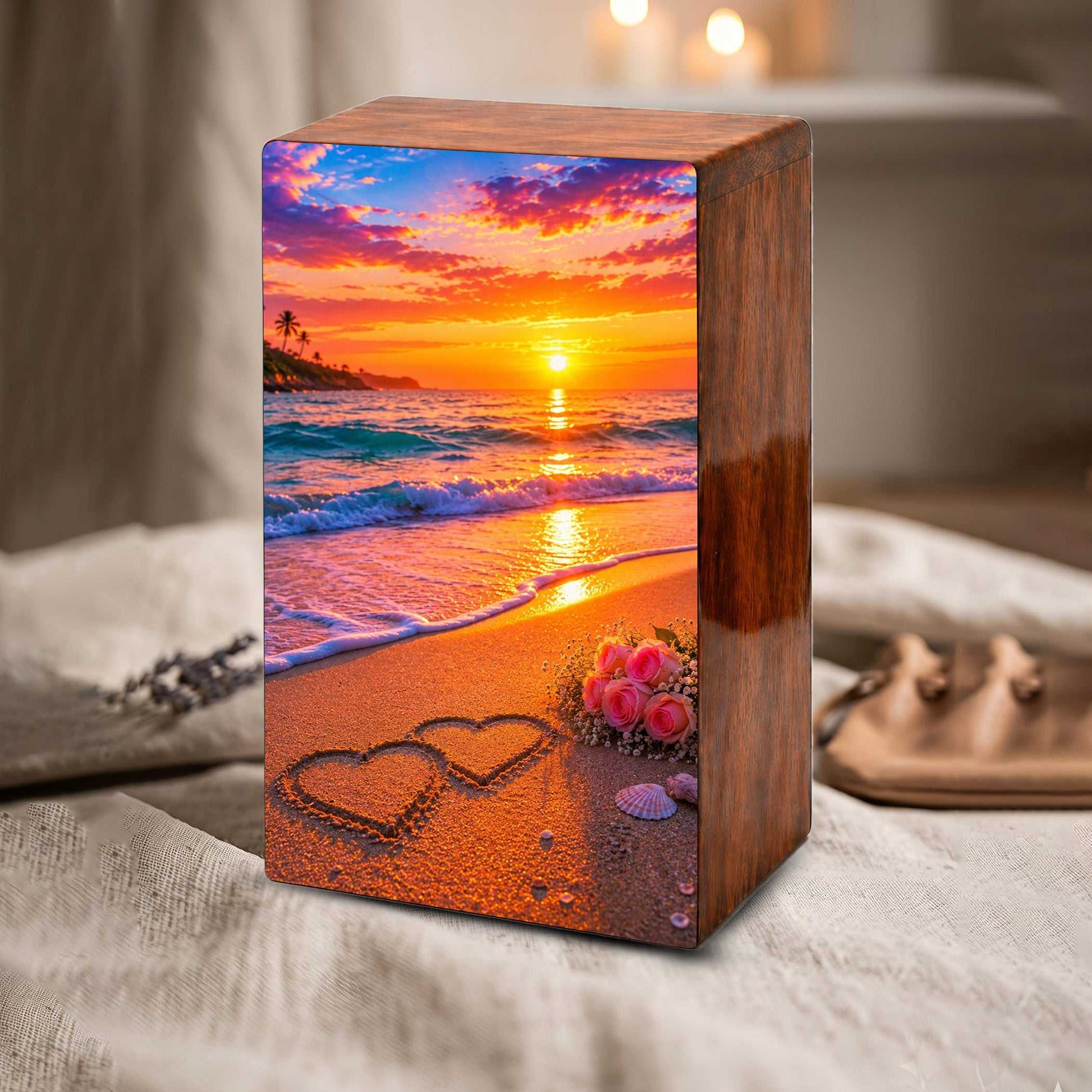 Wooden Beach Urn For Human Ashes – Ocean Heart Cremation Keepsake For Adults