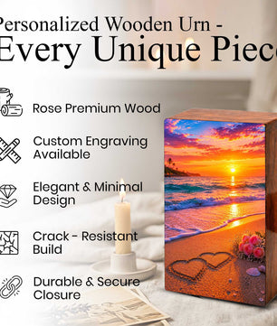 Wooden Beach Urn For Human Ashes – Ocean Heart Cremation Keepsake For Adults