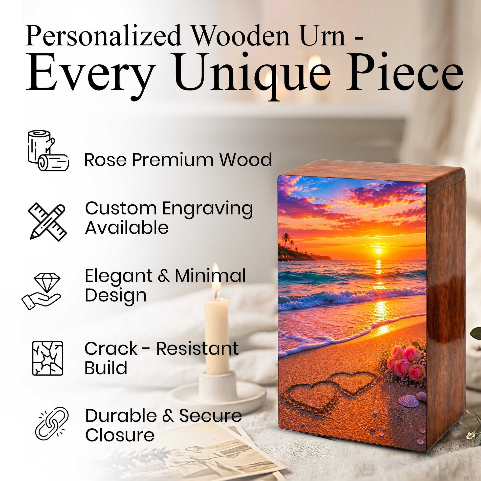 Wooden Beach Urn For Human Ashes – Ocean Heart Cremation Keepsake For Adults