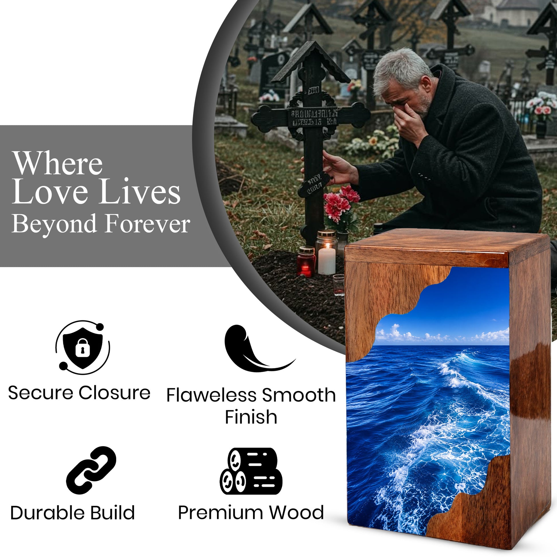 Endless Ocean Wooden Cremation Urn – Personalized Memorial Urn for Human Ashes