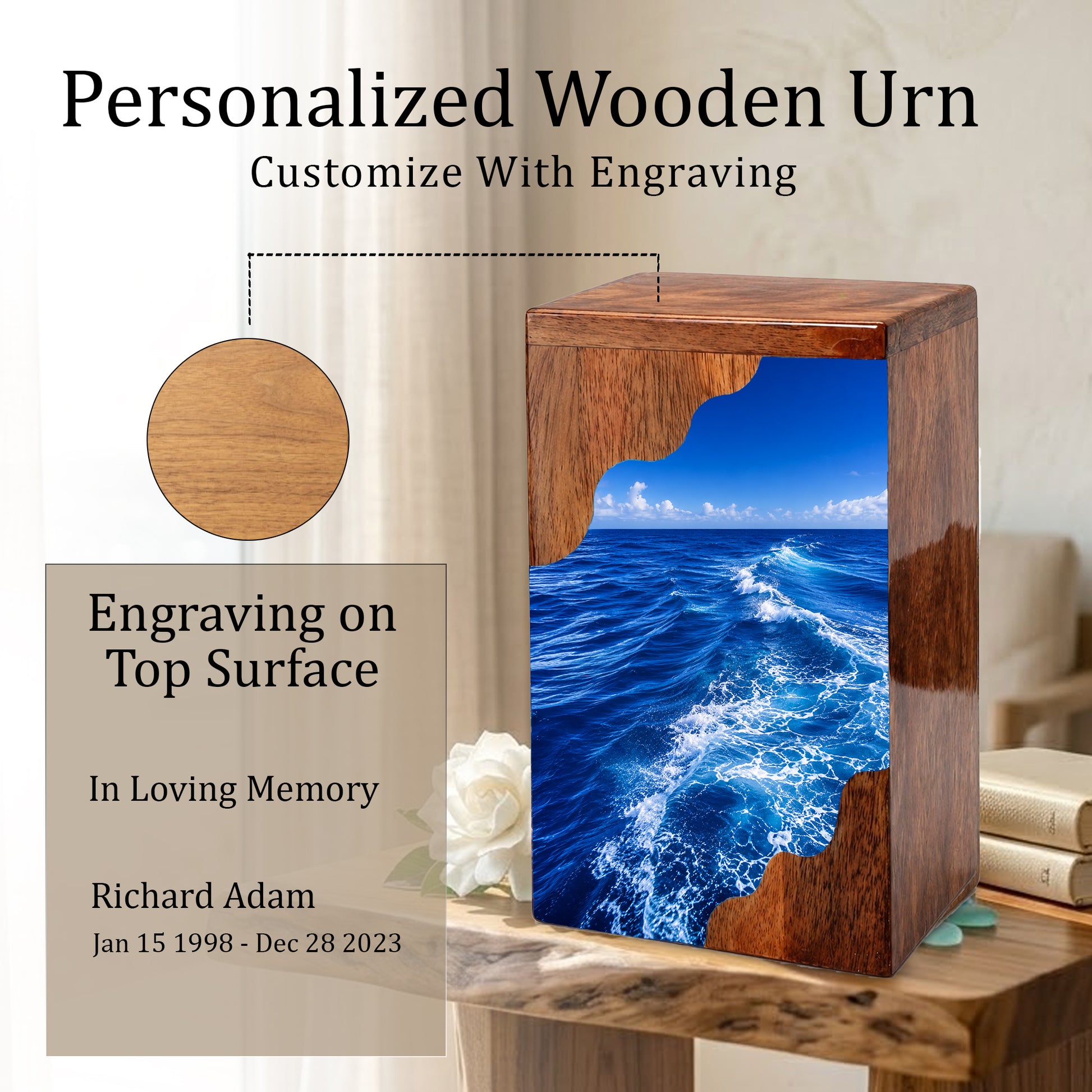 Endless Ocean Wooden Cremation Urn – Personalized Memorial Urn for Human Ashes