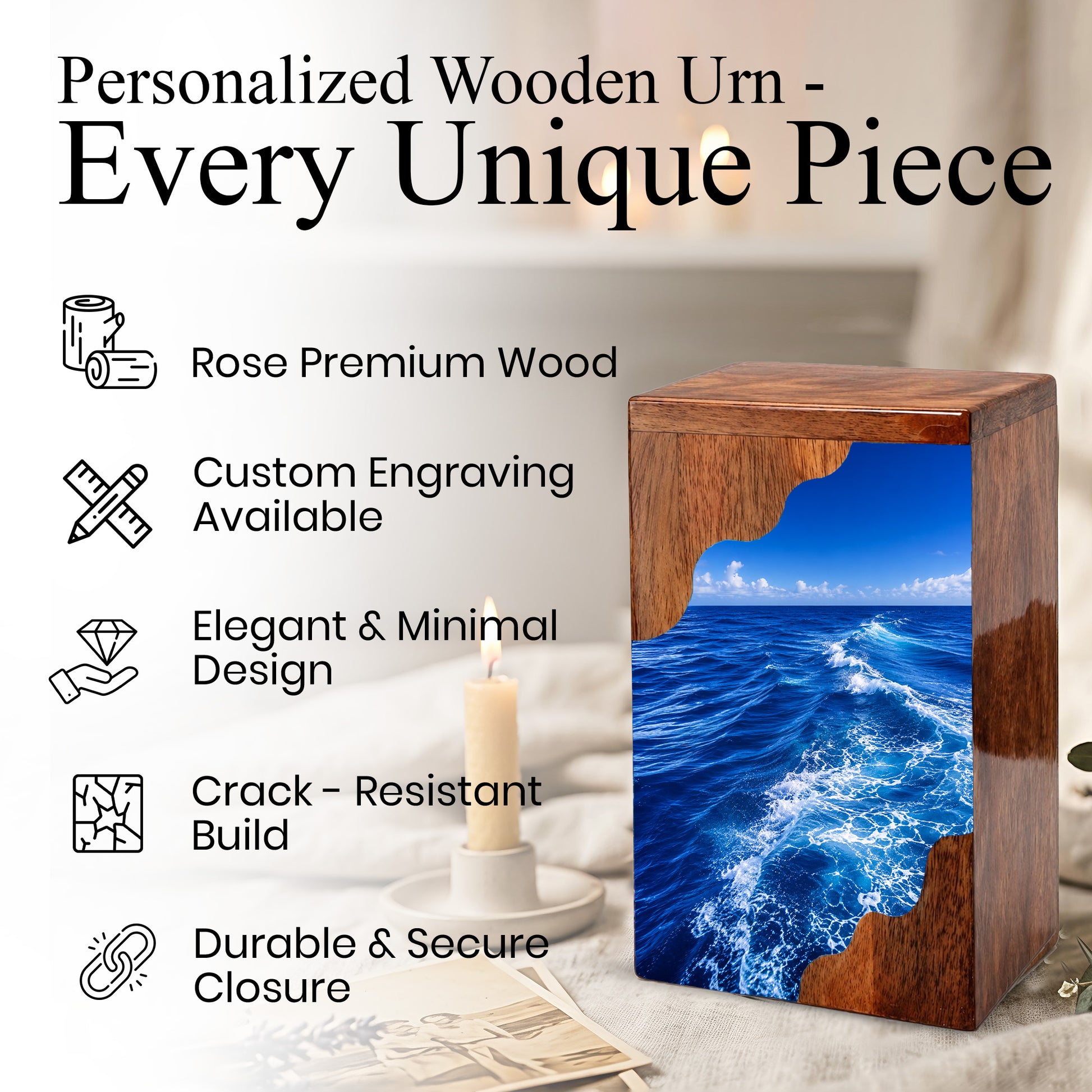 Endless Ocean Wooden Cremation Urn – Personalized Memorial Urn for Human Ashes