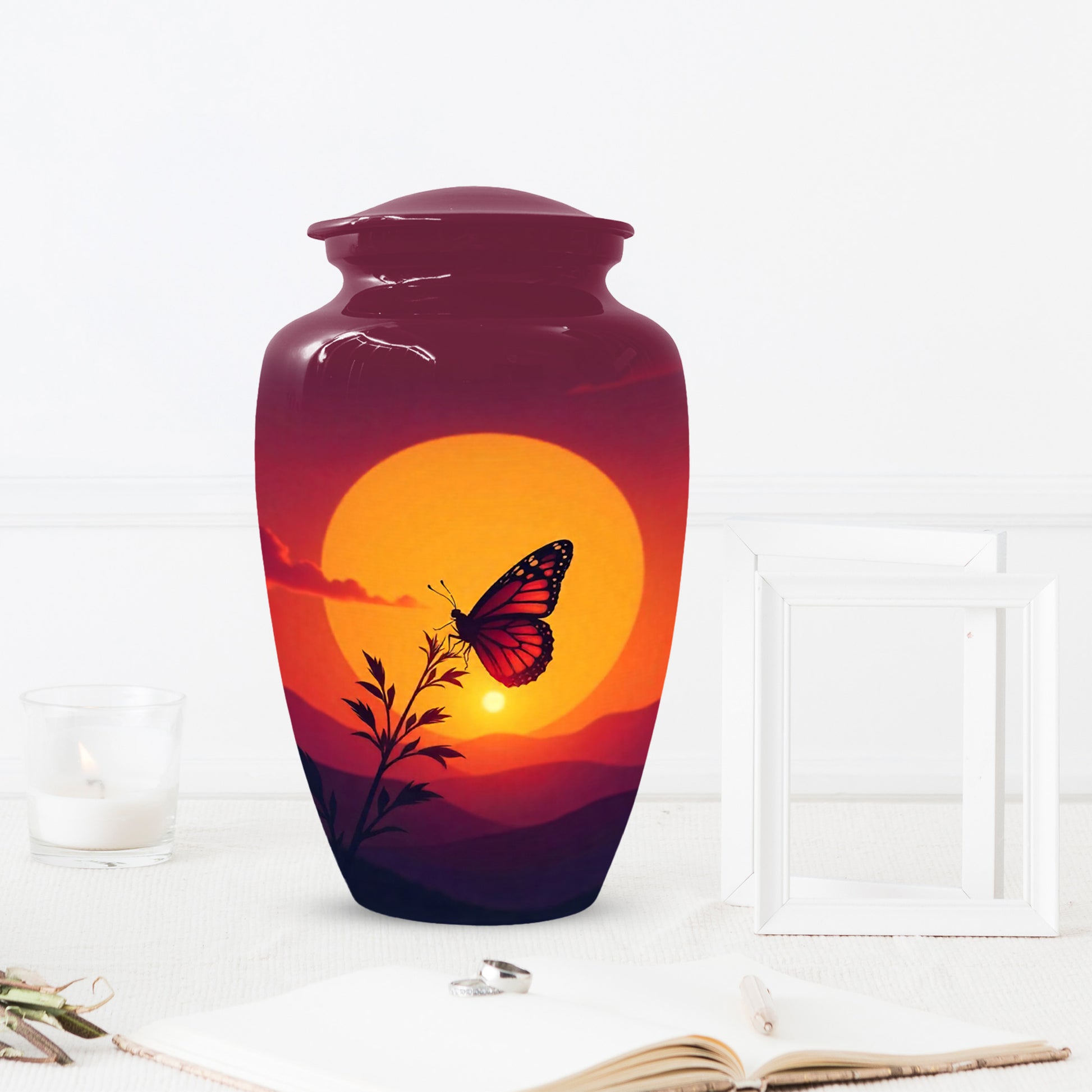 Orange Sunset Butterfly Adult Urn for Human Ashes | Elegant Butterfly Cremation Urn