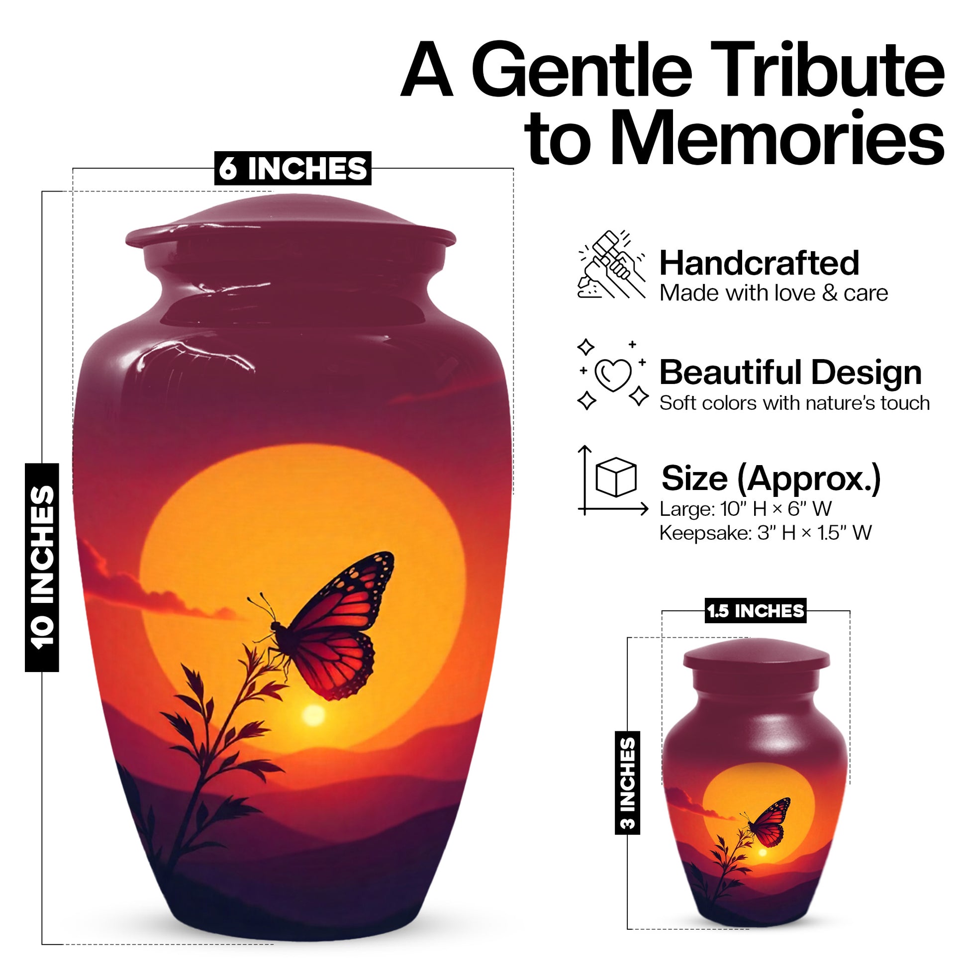 Orange Sunset Butterfly Adult Urn for Human Ashes | Elegant Butterfly Cremation Urn