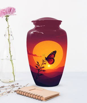 Orange Sunset Butterfly Adult Urn for Human Ashes | Elegant Butterfly Cremation Urn